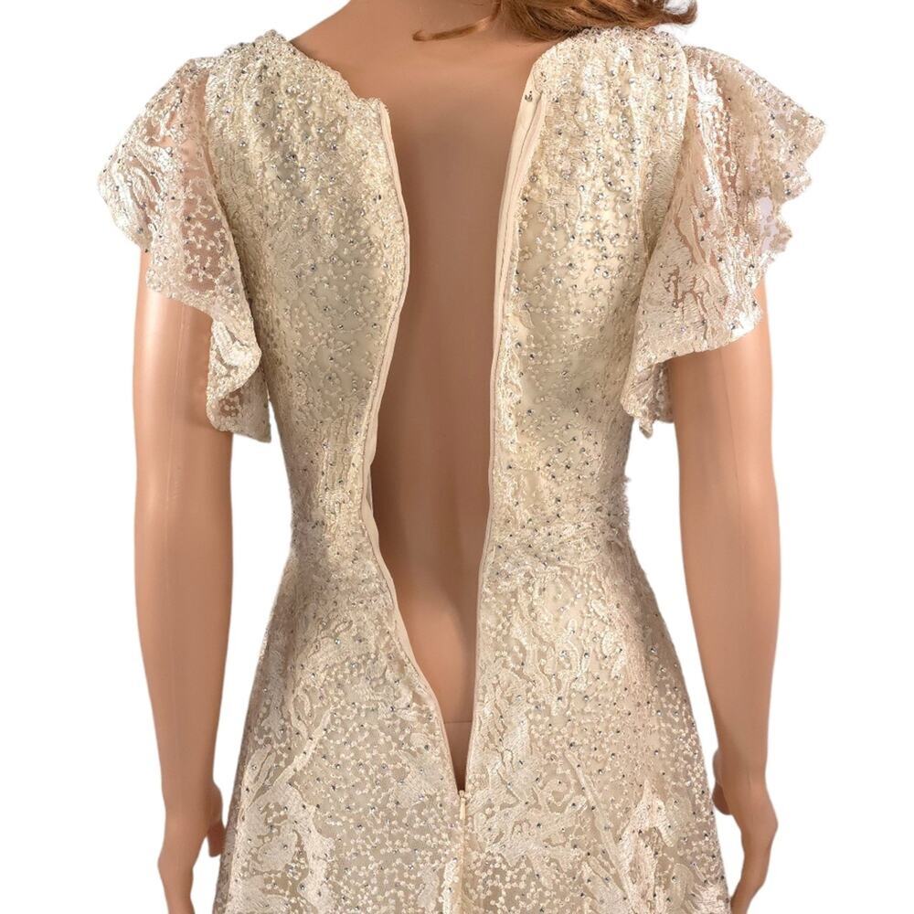 Mac Duggal Flutter Sleeve V-Neck Gown Ivory Nude Formal Maxi Beaded FLAWED - Picture 10 of 16